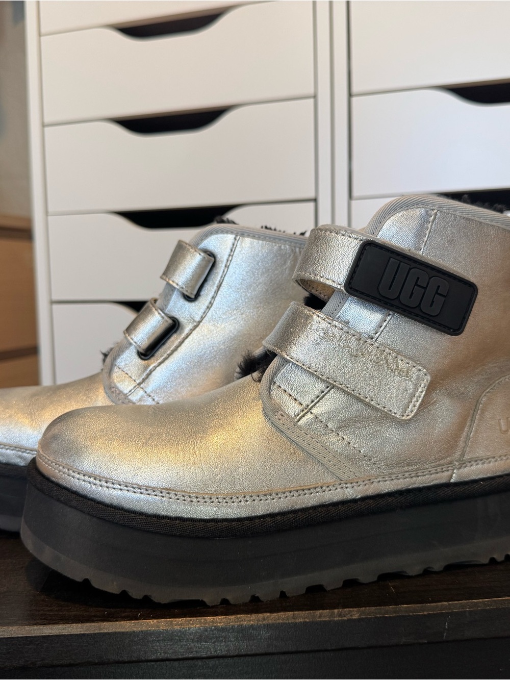 UGG Silver Metallic Platform Ankle Boots with Dual Straps